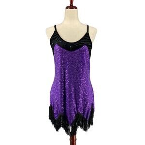 Art Stone 0657 Purple Sparkle Dance Dress Womens L Black Fringe Hemline